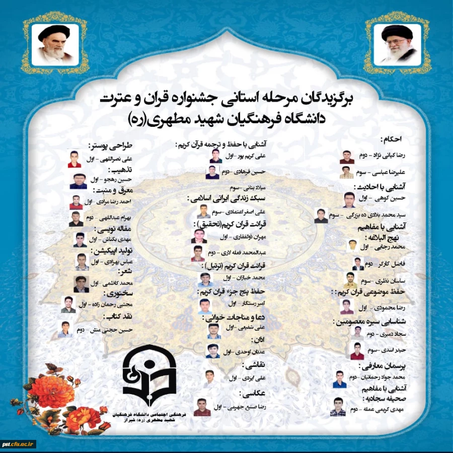تبریک به برگزیدگان مرحله استانی جشنواره قرآن و عترت از دانشگاه فرهنگیان شهید مطهری (ره) شیراز