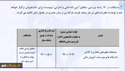  برگزاری مسابقات ورزش های قهرمانی آنلاین و مجازی دانشگاه ها و موسسات آموزش عالی سراسر کشور تابستان 1400          
