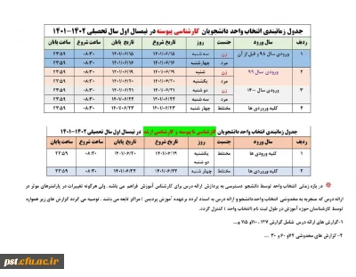 
*جدول زمانبندی انتخاب واحد دانشجویان کارشناسی* *(پیوسته ،ناپیوسته و ارشد)نیمسال اول تحصیلی ۱۴۰۲_۱۴۰۱

