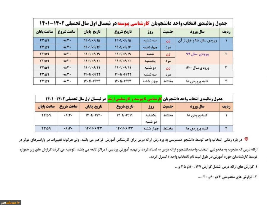 
*جدول زمانبندی انتخاب واحد دانشجویان کارشناسی* *(پیوسته ،ناپیوسته و ارشد)نیمسال اول تحصیلی ۱۴۰۲_۱۴۰۱

 2